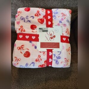 Cherries And Bows Plush Blanket Full Queen 90"x90" NWT Pink Red Purple